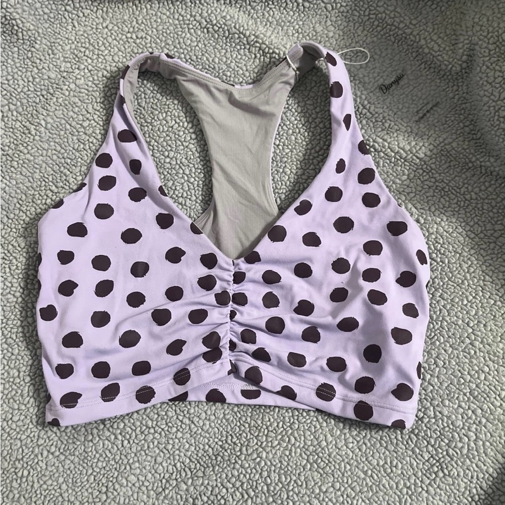 Danysu Women Lavender Purple Polka Dot Ruched V-Neck Racerback Sports Bra NWT